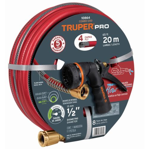 TRUPER COMBO-200 4 rétegű szerelt 1/2" csavarodásmentes locsolótömlő PR-208 locsolópisztollyal, 20 m (10864)