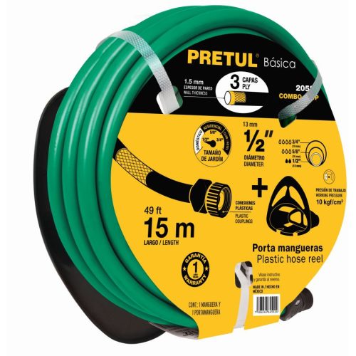 PRETUL COMBO-201P 3 rétegű 1/2" szerelt locsolótömlő fali tartóval, 15 m (20587)