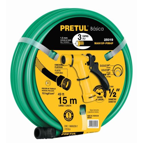 PRETUL MAN-15X1/2P 3 rétegű 1/2" szerelt locsolótömlő PIM-4P locsolópisztollyal, 15 m (25019)