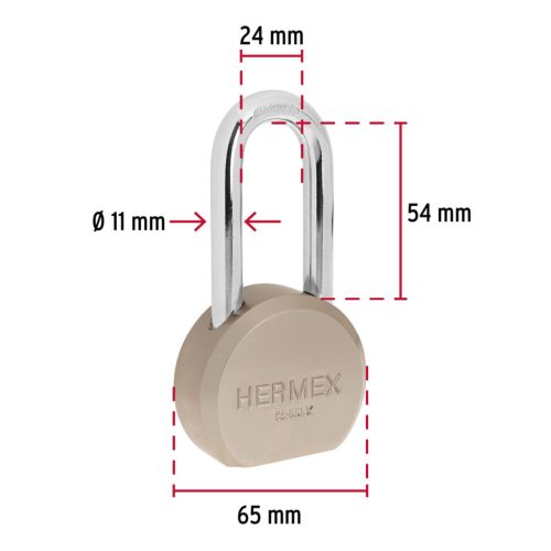 HERMEX CA-65LX Kerek hosszú szárú lakat, 65 mm, 3 db 4 ágú kulccsal (43339)