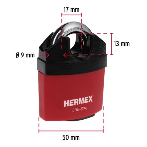 HERMEX CHN-50A Biztonsági lakat levágás elleni védelemmel, 50 mm, 3 kulcs  (43340)