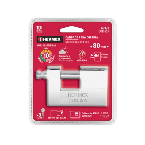 HERMEX COR-80X Acél köpenyes henger zárás lakat, 80 mm, 3 db 4 ágú kulccsal  (43373)