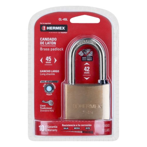 HERMEX CL-45L Sárgaréz lakat, 45 mm, 2 kulcs (43438)