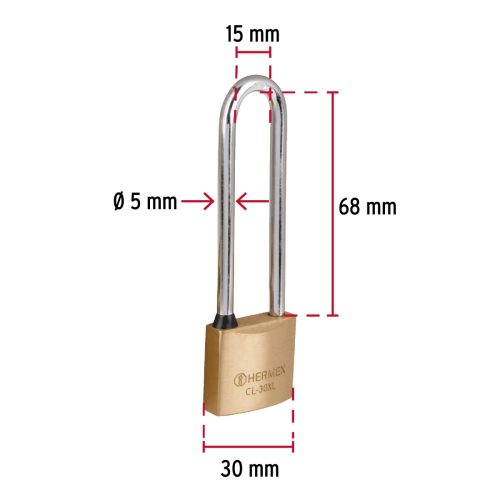 HERMEX CL-30XL Hosszú szárú sárgaréz lakat, 30 mm, 2 kulcs  (43440)