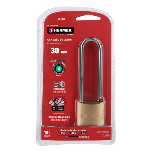 HERMEX CL-30XL Hosszú szárú sárgaréz lakat, 30 mm, 2 kulcs  (43440)