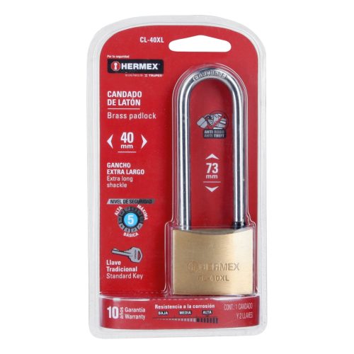 HERMEX CL-40XL  Hosszú szárú sárgaréz lakat, 40 mm, 2 kulcs (43441)